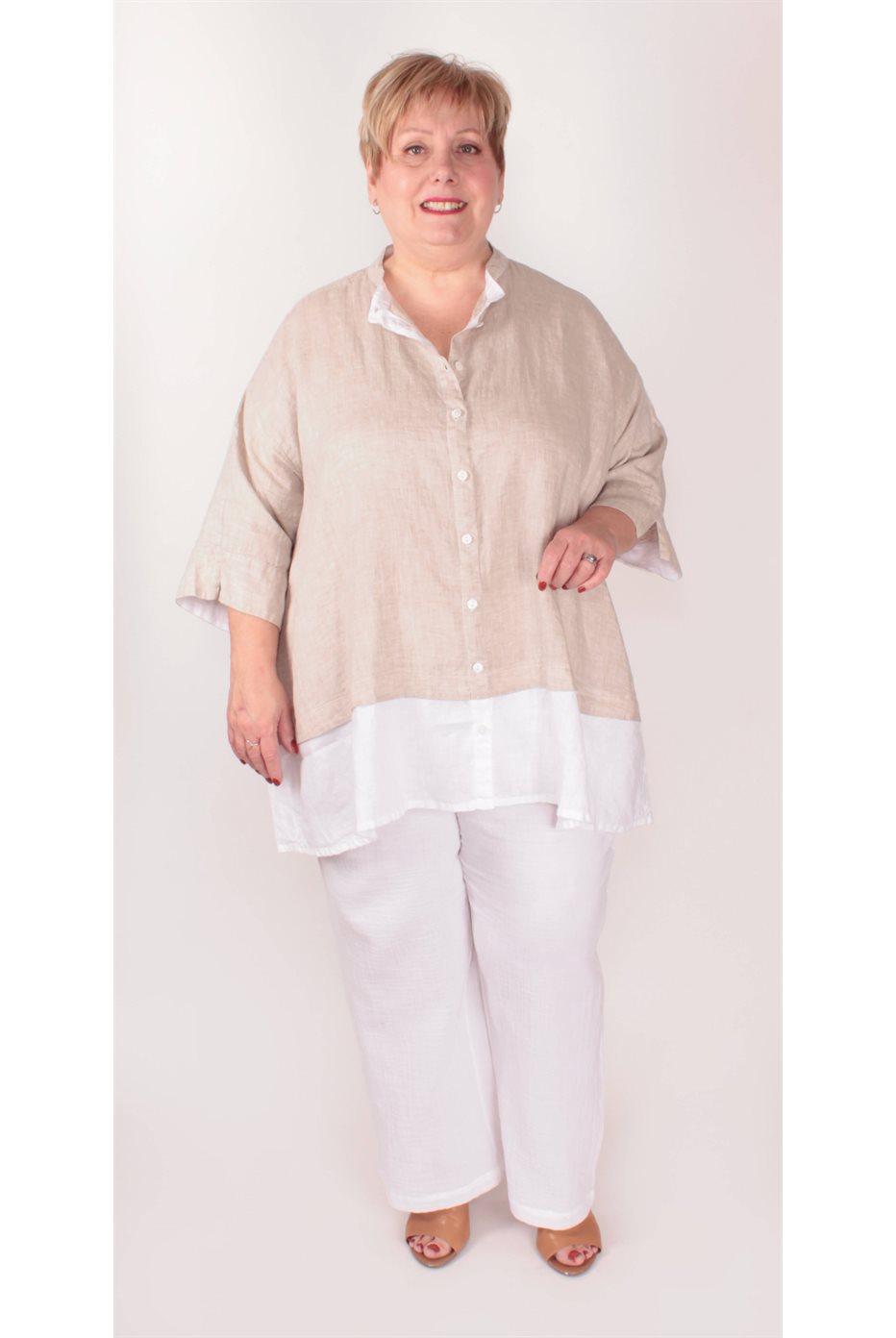 Blouse Lin Beige-Blanc